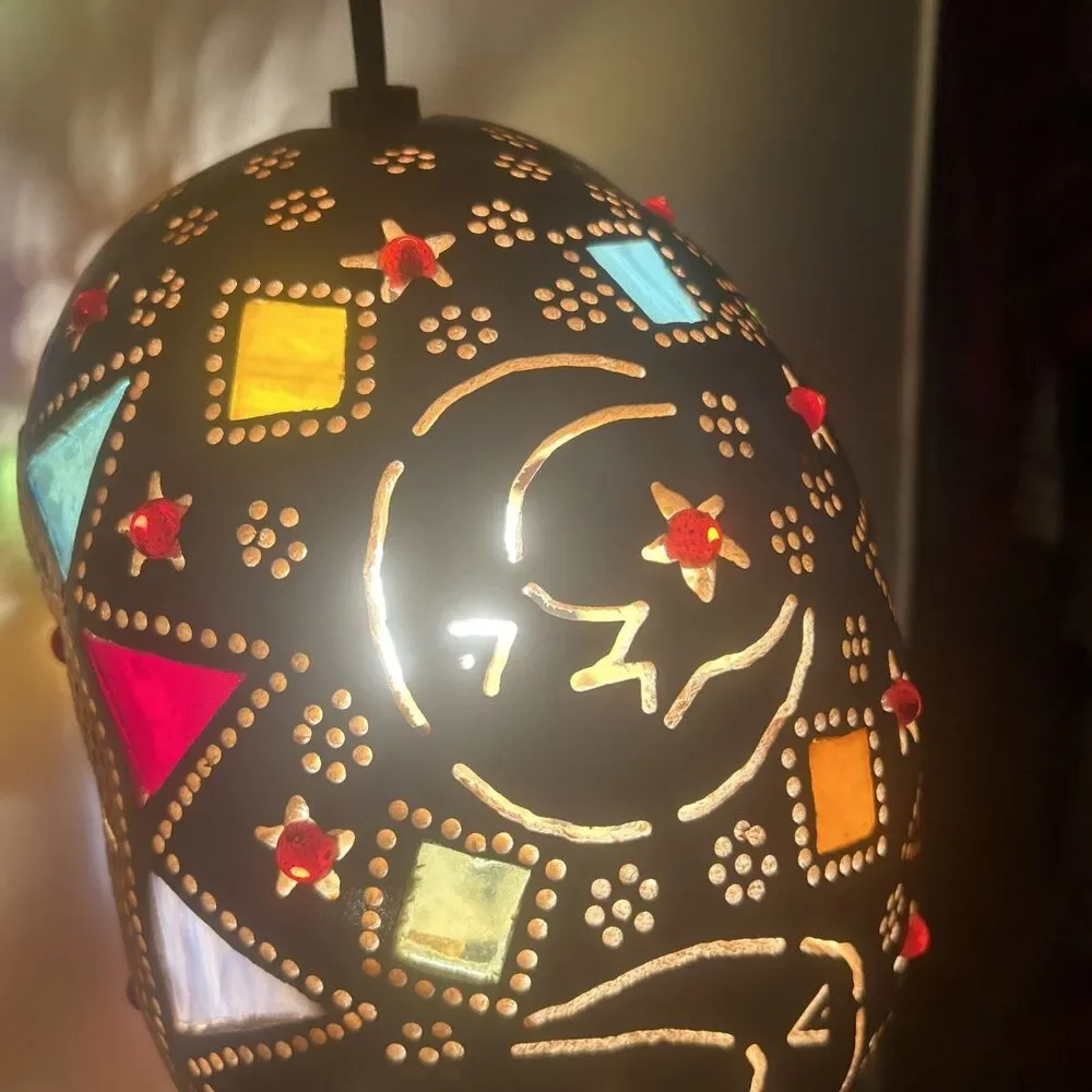 Vintage 14” Boho Gourd Swag Lamp With Celestial Theme Colorful Artsy Ecclectic